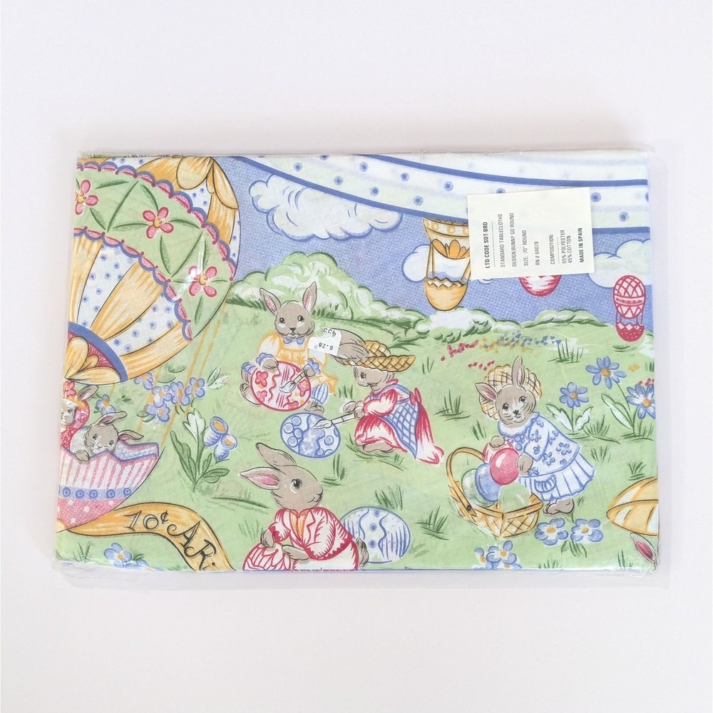 Vtg Easter Tablecloth Carousel Eggs Bunny Merry-Go-Round 70" Round SPAIN New